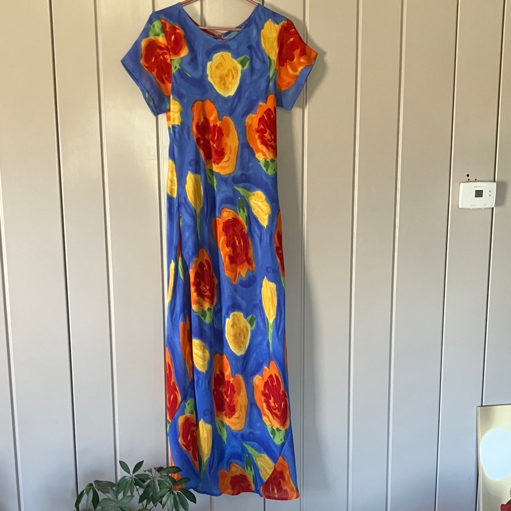 Vibrant Blue Floral Maxi Dress with Red & Yellow Blooms